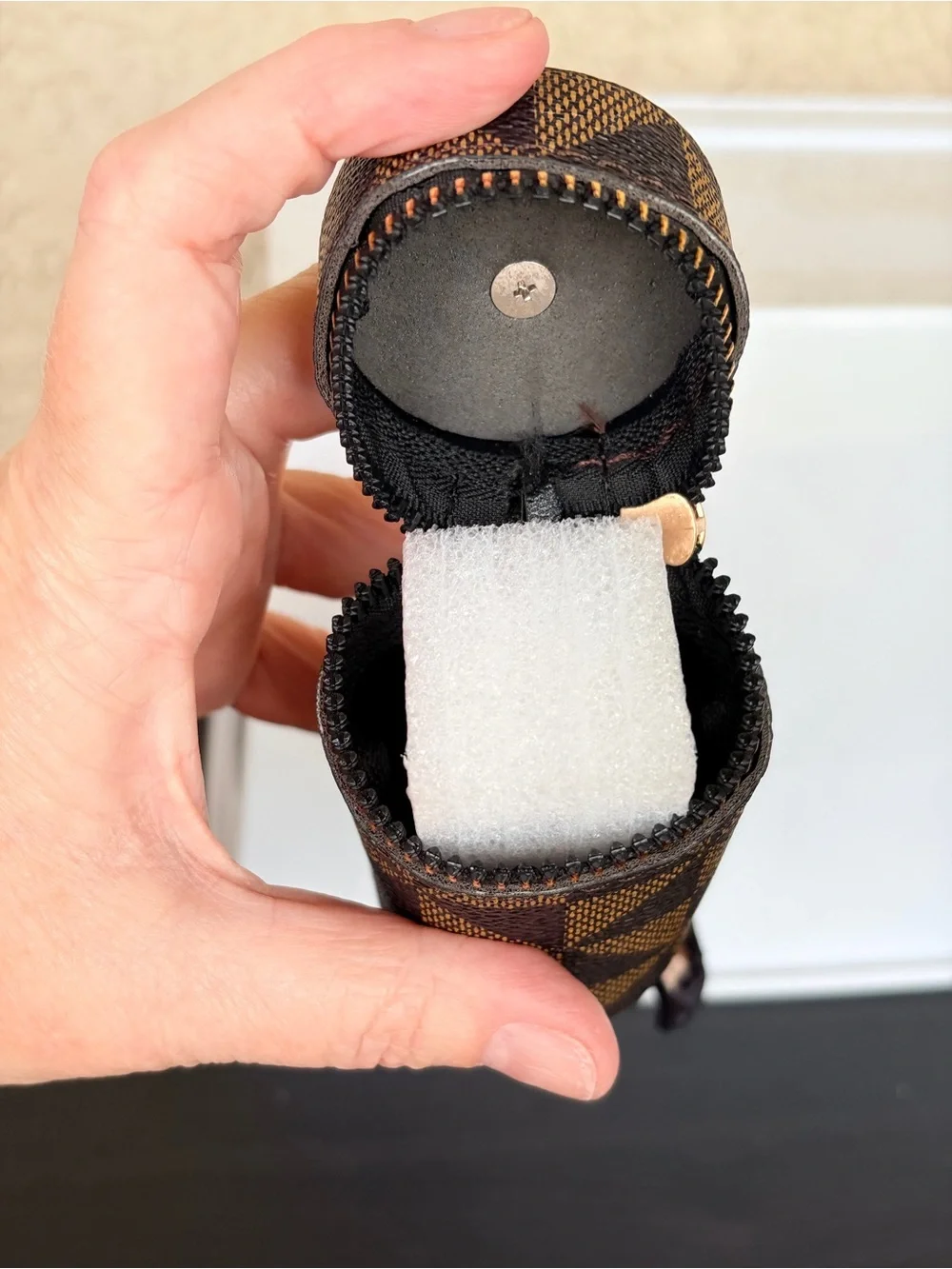 Brown Geometric Cylinder Keychain Pouch with Scarf Accent